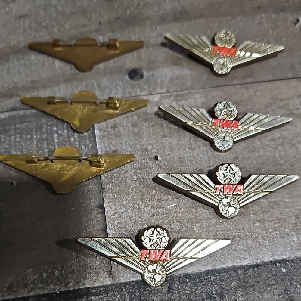 Vintage TWA Flight Wings Pin - Gold Tone with Red Logo